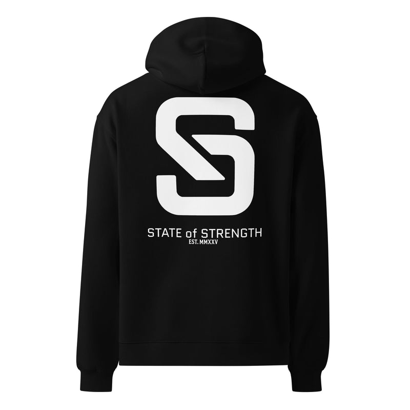 Back view of black State of Strength oversized gym hoodie featuring large brand logo graphic.