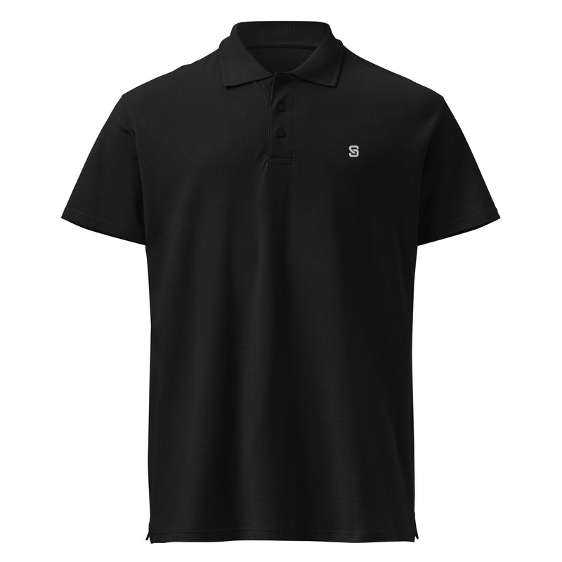 Black mens smart polo shirt with embroidered State of Strength chest logo.