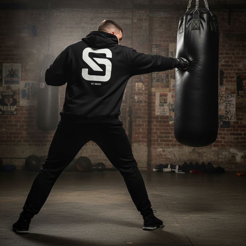 Person wearing a black hoodie with a logo, practicing boxing in a gym.