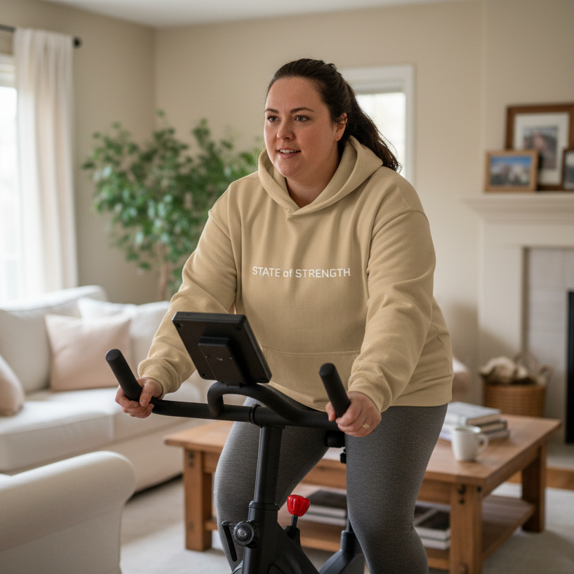Woman exercising on a stationary bike in a living room.