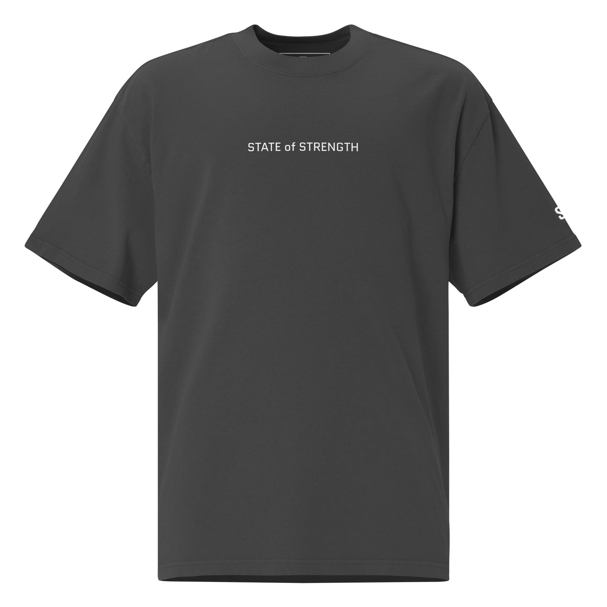Black t-shirt with 'STATE of STRENGTH' text on a white background
