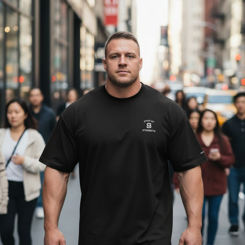 Man wearing a black t-shirt with a logo on a busy city street