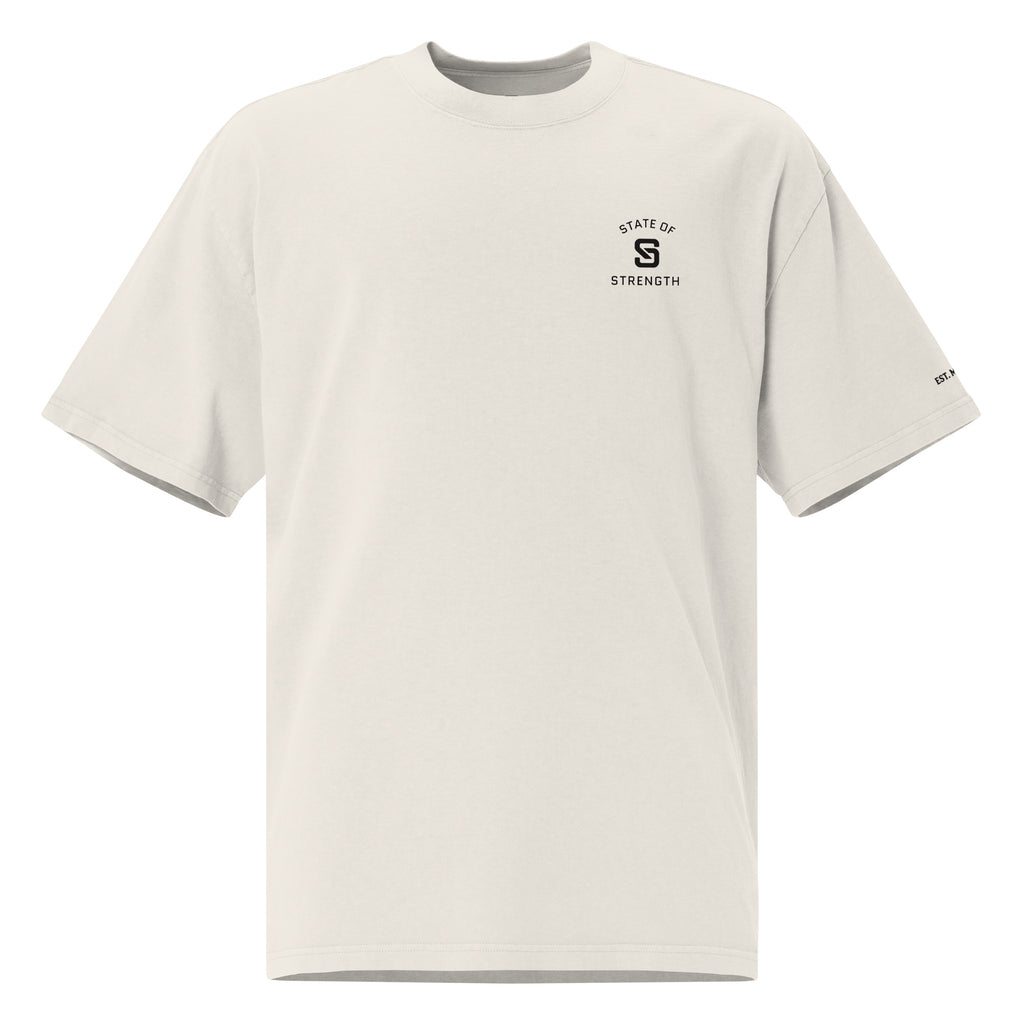White t-shirt with black left chest logo on a white background
