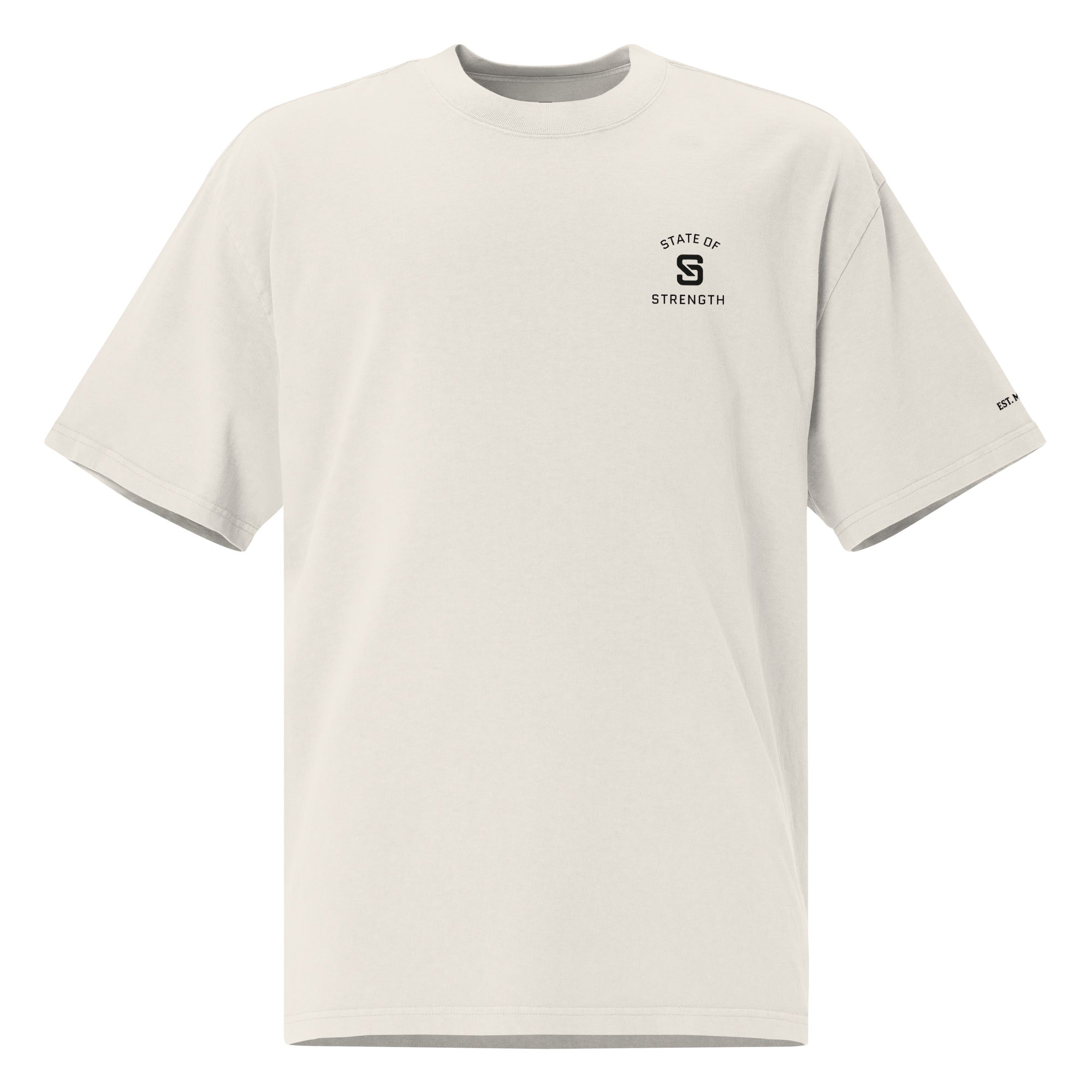White t-shirt with black left chest logo on a white background