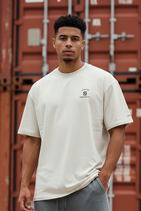 Man wearing a white t-shirt with a logo in front of red shipping containers