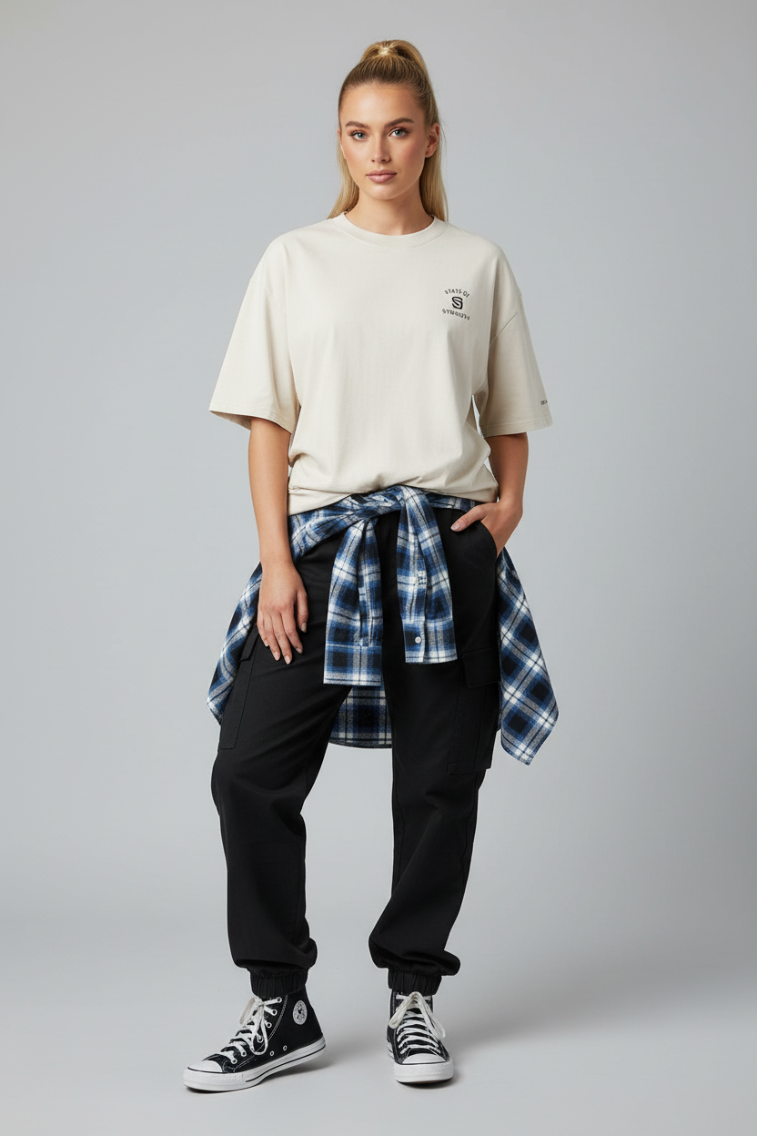 Person wearing a white t-shirt, black pants, and plaid shirt over shoulders on a gray background