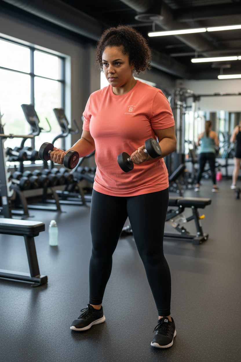Woman exercising with dumbbells in a gym setting
