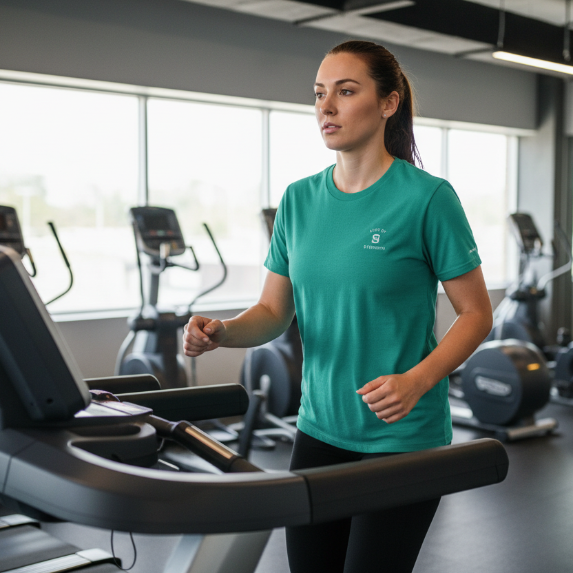Woman running on a treadmill in a gym setting