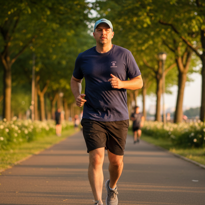 Man running on a path in a park with trees and grass in the background